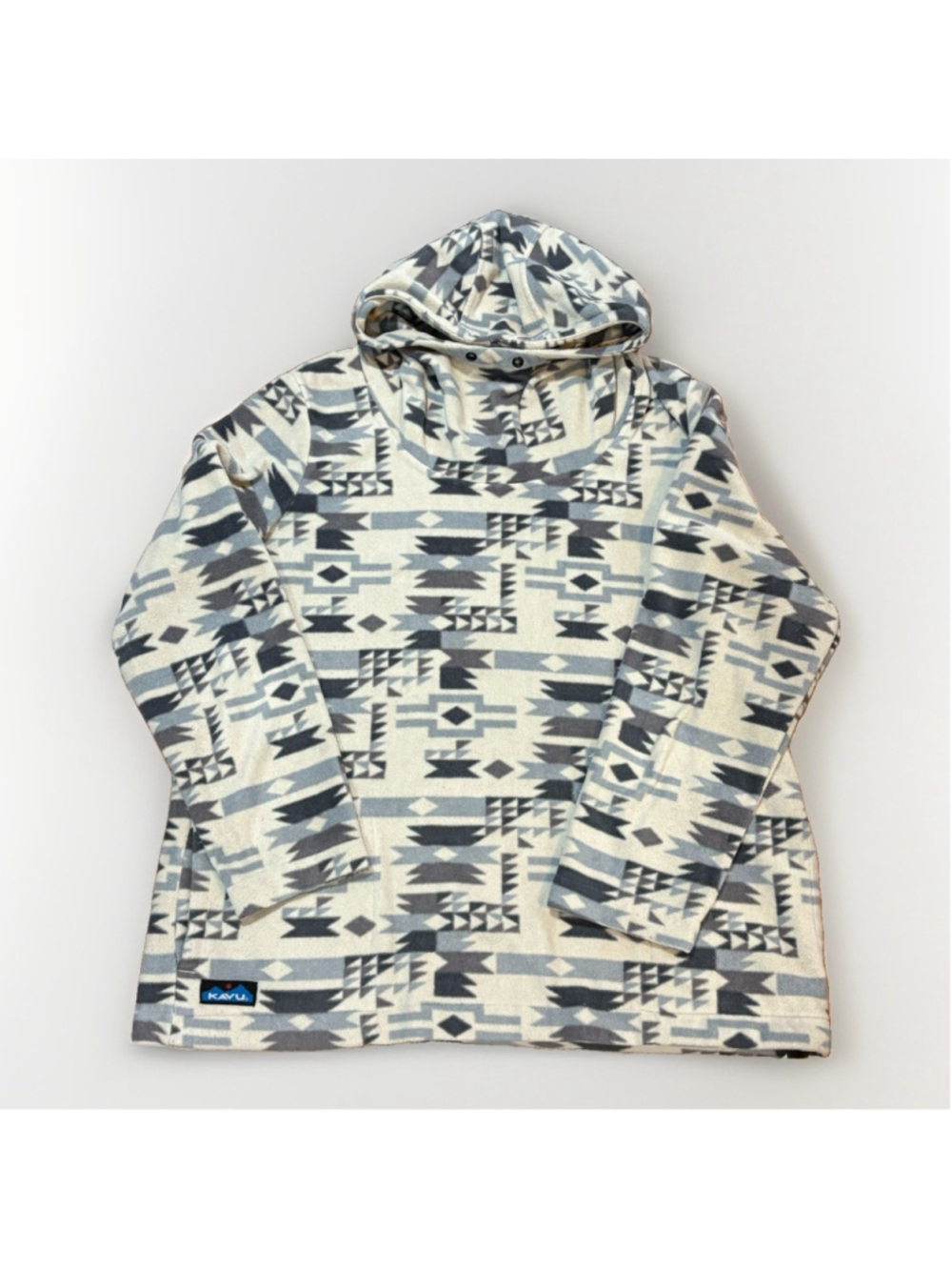 KAVU Men Aztec Southwestern Polar Fleece Hoodie Pullover XL Gray Pockets Outdoor